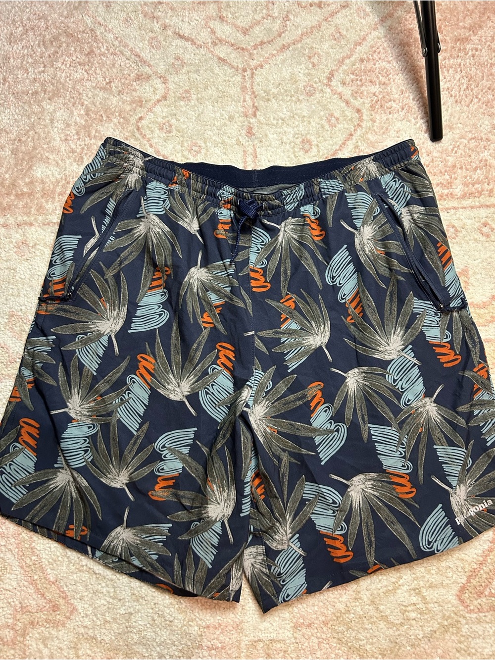 Patagonia Navy Tropical Leaf Swim Shorts